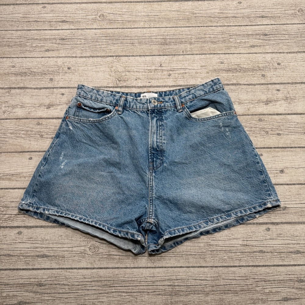 Zara Shorts Women's 14 Blue Denim Medium Wash High Rise Cotton Distressed Retro